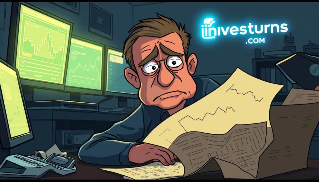 A dimly lit home office, the glow of multiple screens casting an eerie light on a face etched with concern. Crumpled investment reports and scattered notes hint at a crypto portfolio in turmoil. The investurns.com logo hovers in the background, a silent witness to the emotional investment journey. Tattered financial charts and a pensive expression convey the sunk cost fallacy that has taken hold, a cautionary tale of letting sunk costs cloud rational decision-making. The scene exudes a sense of regret and the weight of missed opportunities, a powerful visual metaphor for the section "Recognizing the Signs of Sunk Costs in Your Portfolio". A dimly lit home office, the glow of multiple screens casting an eerie light on a face etched with concern. Crumpled investment reports and scattered notes hint at a crypto portfolio in turmoil. The investurns.com logo hovers in the background, a silent witness to the emotional investment journey. Tattered financial charts and a pensive expression convey the sunk cost fallacy that has taken hold, a cautionary tale of letting sunk costs cloud rational decision-making. The scene exudes a sense of regret and the weight of missed opportunities, a powerful visual metaphor for the section "Recognizing the Signs of Sunk Costs in Your Portfolio".