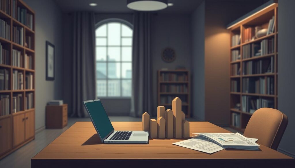 A dimly lit, minimalist office scene. In the foreground, a wooden desk with a laptop and a few financial documents. On the desk, a tactile tactile representation of the risk-free rate, such as a three-dimensional graph or chart. The middle ground features floor-to-ceiling bookshelves, hinting at the financial knowledge and expertise within. The background is a softly blurred view through a large window, conveying a sense of contemplation and the broader financial landscape. Subtle lighting creates a pensive, analytical atmosphere, emphasizing the importance of understanding the risk-free rate in finance.