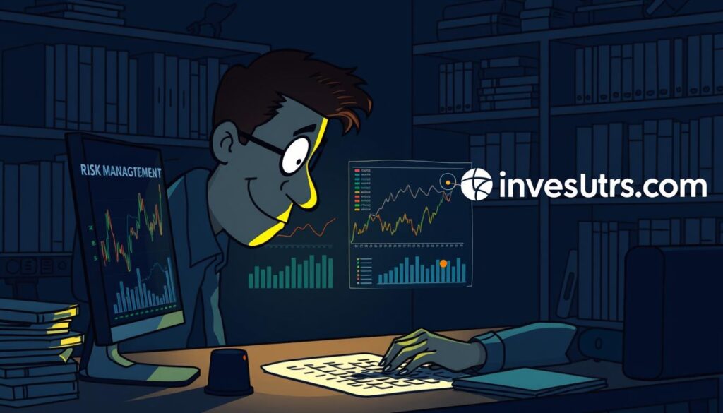 A dimly lit office space, the glow of a computer screen illuminating the face of a crypto investor deeply immersed in analyzing risk management strategies. Intricate charts and graphs depicting market trends displayed on the screen, casting a strategic hue across the desk. Shelves in the background hold books on portfolio diversification and financial risk mitigation, casting subtle shadows. The investurns.com logo prominently displayed in the corner, a testament to the investor's commitment to prudent crypto risk management. A dimly lit office space, the glow of a computer screen illuminating the face of a crypto investor deeply immersed in analyzing risk management strategies. Intricate charts and graphs depicting market trends displayed on the screen, casting a strategic hue across the desk. Shelves in the background hold books on portfolio diversification and financial risk mitigation, casting subtle shadows. The investurns.com logo prominently displayed in the corner, a testament to the investor's commitment to prudent crypto risk management.