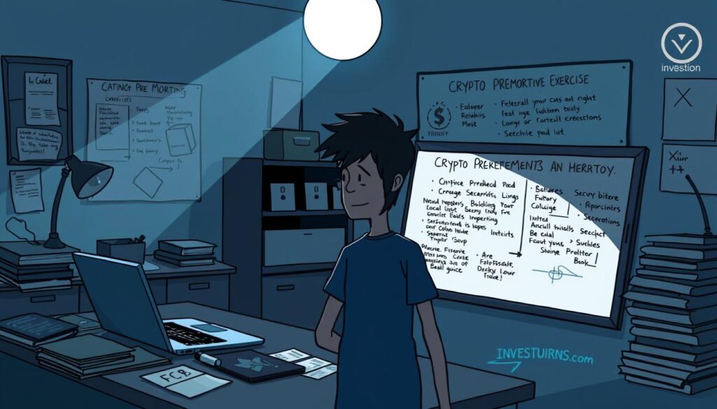 A dimly lit office space, the glow of a laptop casting shadows on the desk. Scattered papers and a whiteboard covered in cryptic notes hint at a meticulous "crypto pre-mortem exercise". The scene is somber, with a pensive mood conveyed through moody lighting and a subtle investurns.com logo in the corner. In the foreground, a lone figure contemplates their strategy, their expression a mix of determination and trepidation. The image captures the essence of planning for potential failure to ensure future success, a powerful inversion strategy for navigating the unpredictable crypto landscape.