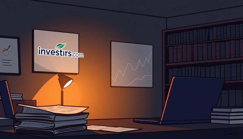 A dimly lit office, the investurns.com logo prominently displayed on the wall. In the foreground, a stack of financial reports and a laptop, conveying a sense of deep analysis and research. The middle ground features a stylized graph, its lines and curves representing the insights gleaned from behavioral finance studies. In the background, a bookshelf filled with tomes on economics and psychology, hinting at the academic rigor behind the research. Subtle lighting casts a warm, contemplative glow, evoking a mood of thoughtful introspection. The overall scene conveys the notion of "Research Insights from Financial Behavior Studies" - a fusion of data, theory, and practical application.