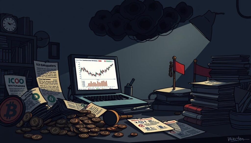 A dimly lit room, shadows cast across a cluttered desk. In the foreground, an array of shady crypto tokens, sketchy ICO whitepapers, and a laptop screen displaying suspicious trading activity. The middle ground features a magnifying glass, a stack of financial reports, and a stack of red flags - warning signs like rapid token appreciation, evasive project leaders, and vague roadmaps. In the background, an ominous dark cloud of uncertainty looms, conveying the deceptive and risky nature of the crypto market. Cinematic lighting and a moody, foreboding atmosphere create a sense of caution and vigilance.