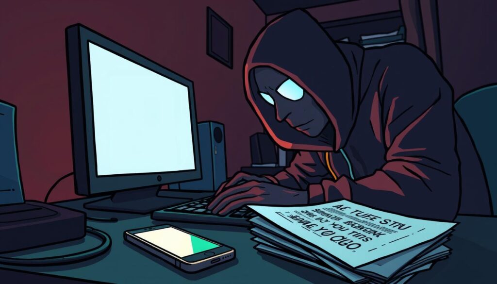 A dimly lit room, the glow of a computer screen casting shadows on the face of a figure hunched over a keyboard. In the foreground, a smartphone and a stack of documents, symbols of the social engineering tactics used in SIM swapping attacks. The scene is tense, the atmosphere charged with the sense of a calculated, analog threat to digital fortunes. The camera angle is slightly elevated, lending a sense of unease and voyeurism to the viewer. The lighting is moody, with a mix of warm and cool tones, creating a sense of depth and drama. The overall composition suggests the careful planning and execution required for such attacks, a stark contrast to the digital world they aim to infiltrate.