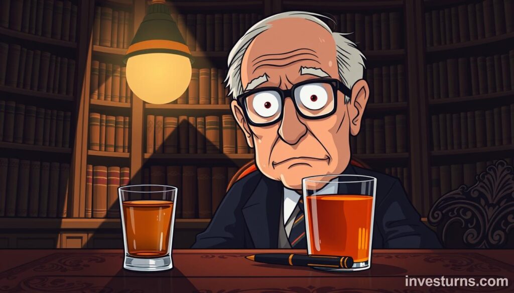 A dimly lit study, where a close-up of Charlie Munger's face, conveying deep wisdom and experience, is prominently featured. Behind him, shelves filled with leather-bound books cast long shadows, symbolizing his vast knowledge. In the foreground, a glass of amber liquid and a pen rest on an ornate wooden desk, hinting at his analytical and measured approach. The overall atmosphere is one of contemplation and intellectual rigor, capturing the essence of Munger's investment principles. investurns.com