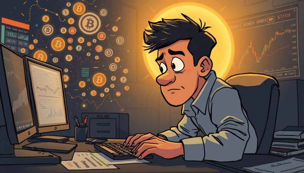 A dimly lit trading desk, its surface cluttered with charts, graphs, and analytical tools. A lone trader, their face etched with concentration, their hands steady on the keyboard as they navigate the volatile crypto markets. The air is thick with tension, but their expression betrays a sense of emotional discipline - a calm focus amidst the storm. Soft, warm lighting casts a halo around the trader, creating a sense of introspection and control. In the background, a hint of the larger financial landscape - a tangle of digital currency symbols, flashing numbers, and the faint hum of technology. This image captures the essence of implementing cutting losses, stop-loss, risk management, and emotional discipline in the world of crypto trading.