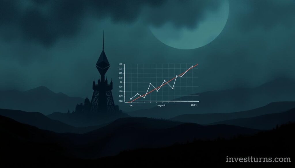 A dramatic and moody landscape depicting the correlation between Ethereum staking and slashing penalties. In the foreground, a towering, ominous-looking blockchain infrastructure casts long shadows, hinting at the potential risks and consequences of staking. The middle ground features a stylized graph or chart, visualizing the relationship between staking rewards and slashing penalties, creating a sense of unease and uncertainty. The background is shrouded in an atmospheric haze, adding to the somber, foreboding mood. Lighting is dramatic, with harsh contrasts and dramatic shadows, conveying the gravity of the subject matter. The overall scene is rendered in a realistic, hyper-detailed style, as if captured by a high-quality lens. The investurns.com brand name is subtly incorporated into the scene, blending seamlessly with the artwork.