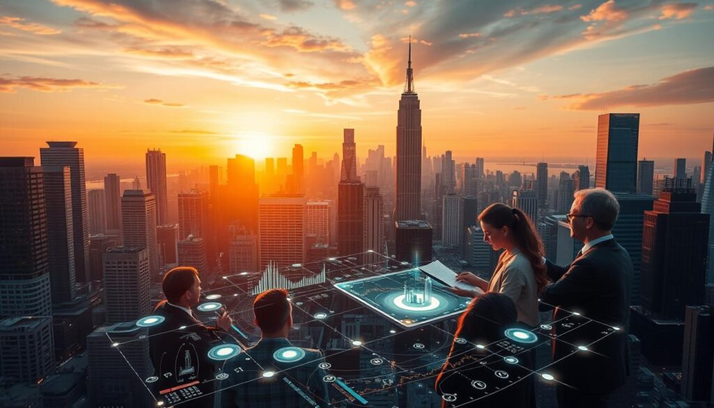 A dynamic cityscape bathed in the warm glow of sunset, with towering skyscrapers casting long shadows across the bustling streets below. In the foreground, a group of business executives engaged in animated discussion, their expressions serious as they pore over financial reports and charts, deliberating on risk management strategies to navigate the volatile market. The middle ground features a complex network of data visualizations, algorithms, and risk assessment models projected onto large holographic displays, guiding their decision-making. In the background, the skyline is punctuated by the flashing lights of trading floors, symbolizing the fast-paced, high-stakes world of modern finance.