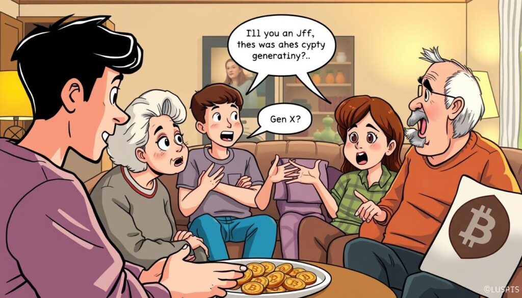 A family gathering with different generations engaged in a lively crypto discussion. In the foreground, a young adult passionately explaining blockchain technology to their grandparents, who listen intently, their faces a mix of curiosity and skepticism. In the middle ground, a millennial sibling argues the merits of DeFi with a Gen X parent, gesturing animatedly. The background is a cozy living room, with warm lighting and subtle nods to crypto culture, like a Bitcoin-themed throw pillow. The scene conveys the generational divide and the need to tailor the conversation about this emerging technology to different age groups.