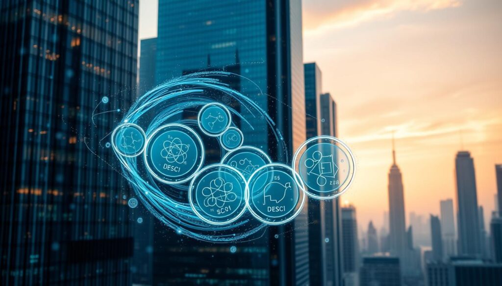 A futuristic cityscape of towering skyscrapers, their glass facades reflecting the glow of holographic displays. In the foreground, a swirling vortex of data particles coalesces into a series of interlocking, translucent tokens emblazoned with scientific symbols and formulas, representing the decentralized exchange of intellectual property in the DeSci ecosystem. The tokens appear to float and drift, their ethereal forms interacting with one another in a mesmerizing dance, hinting at the fluid, interconnected nature of research and innovation. Diffuse lighting casts a warm, contemplative atmosphere, while the background skyline suggests a sense of technological progress and scientific advancement.