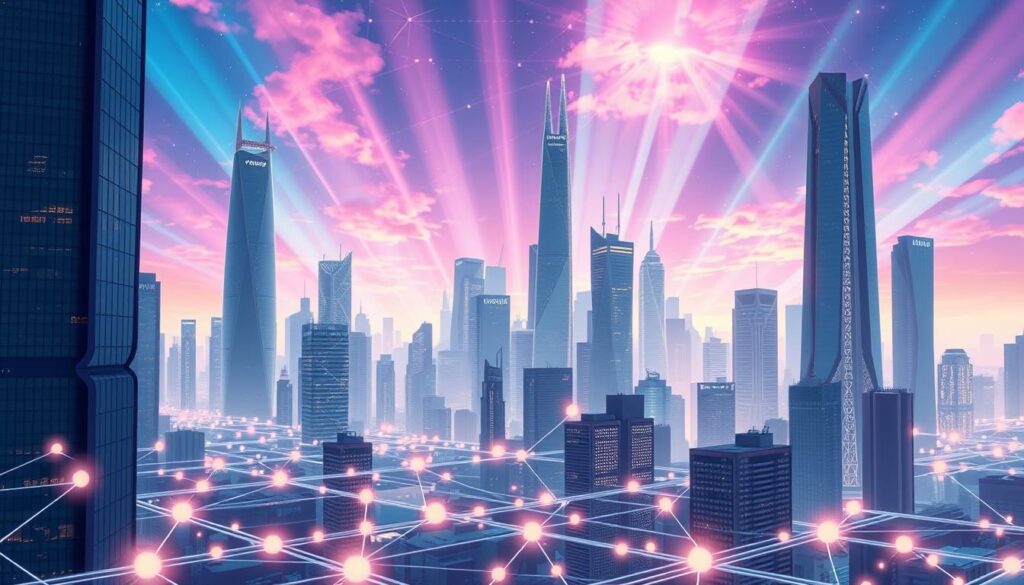 A futuristic cityscape where sleek, interconnected skyscrapers rise against a vibrant, holographic sky. In the foreground, a network of blockchain nodes and digital ledgers pulsate with energy, their intricate lattices weaving a tapestry of decentralized finance. Amidst the urban landscape, holograms depict the seamless integration of synthetic assets, their values fluctuating in real-time, bridging traditional and digital markets. Subtle rays of light filter through, casting a warm, optimistic glow, hinting at the transformative potential of this emerging blockchain-powered future.