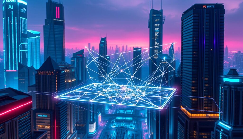 A futuristic cityscape, with towering skyscrapers and gleaming cyberpunk architecture. In the foreground, a holographic interface displays a dynamic visualization of an AI agent tokenization platform. Intricate lines and geometric shapes converge, creating a mesmerizing 3D representation of the system's inner workings. The background is bathed in a soft, neon-tinged glow, with beams of light cutting through the urban landscape. The overall atmosphere is one of technological advancement, innovation, and the seamless integration of artificial intelligence and cryptocurrency. The image should convey a sense of awe and wonder at the potential of this revolutionary platform. A futuristic cityscape, with towering skyscrapers and gleaming cyberpunk architecture. In the foreground, a holographic interface displays a dynamic visualization of an AI agent tokenization platform. Intricate lines and geometric shapes converge, creating a mesmerizing 3D representation of the system's inner workings. The background is bathed in a soft, neon-tinged glow, with beams of light cutting through the urban landscape. The overall atmosphere is one of technological advancement, innovation, and the seamless integration of artificial intelligence and cryptocurrency. The image should convey a sense of awe and wonder at the potential of this revolutionary platform.