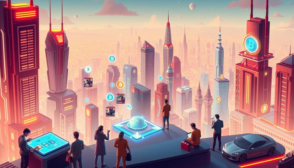 A futuristic, isometric cityscape with towering skyscrapers and floating platforms, illuminated by a warm, neon-infused glow. In the foreground, a group of diverse individuals engage in various crypto-based earning activities - freelancing, online content creation, decentralized finance, and platform-based work. The middle ground features holographic interfaces, digital wallets, and cryptocurrency symbols, while the background showcases a bustling metropolis with self-driving vehicles and cutting-edge technology. The scene conveys a sense of innovation, financial empowerment, and the evolving nature of work in the age of decentralized, crypto-driven economies. A futuristic, isometric cityscape with towering skyscrapers and floating platforms, illuminated by a warm, neon-infused glow. In the foreground, a group of diverse individuals engage in various crypto-based earning activities - freelancing, online content creation, decentralized finance, and platform-based work. The middle ground features holographic interfaces, digital wallets, and cryptocurrency symbols, while the background showcases a bustling metropolis with self-driving vehicles and cutting-edge technology. The scene conveys a sense of innovation, financial empowerment, and the evolving nature of work in the age of decentralized, crypto-driven economies.