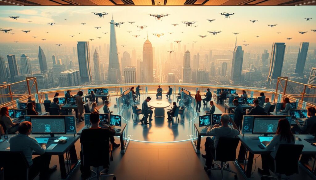 A futuristic scene depicting the evolution of work models, with a central hub of interconnected workers collaborating in a decentralized, crypto-enabled environment. In the foreground, diverse individuals sit at holographic workstations, their digital avatars interacting seamlessly. The middle ground showcases a modular, adaptable workspace, with reconfigurable walls and smart furniture powered by blockchain technology. In the background, a vast cityscape of gleaming skyscrapers and drone-filled skies reflects the integrated, autonomous nature of this decentralized work ecosystem. Warm, diffused lighting creates a sense of openness and possibility, while a subtle blue-green hue evokes the tranquility of this new digital age. A futuristic scene depicting the evolution of work models, with a central hub of interconnected workers collaborating in a decentralized, crypto-enabled environment. In the foreground, diverse individuals sit at holographic workstations, their digital avatars interacting seamlessly. The middle ground showcases a modular, adaptable workspace, with reconfigurable walls and smart furniture powered by blockchain technology. In the background, a vast cityscape of gleaming skyscrapers and drone-filled skies reflects the integrated, autonomous nature of this decentralized work ecosystem. Warm, diffused lighting creates a sense of openness and possibility, while a subtle blue-green hue evokes the tranquility of this new digital age.