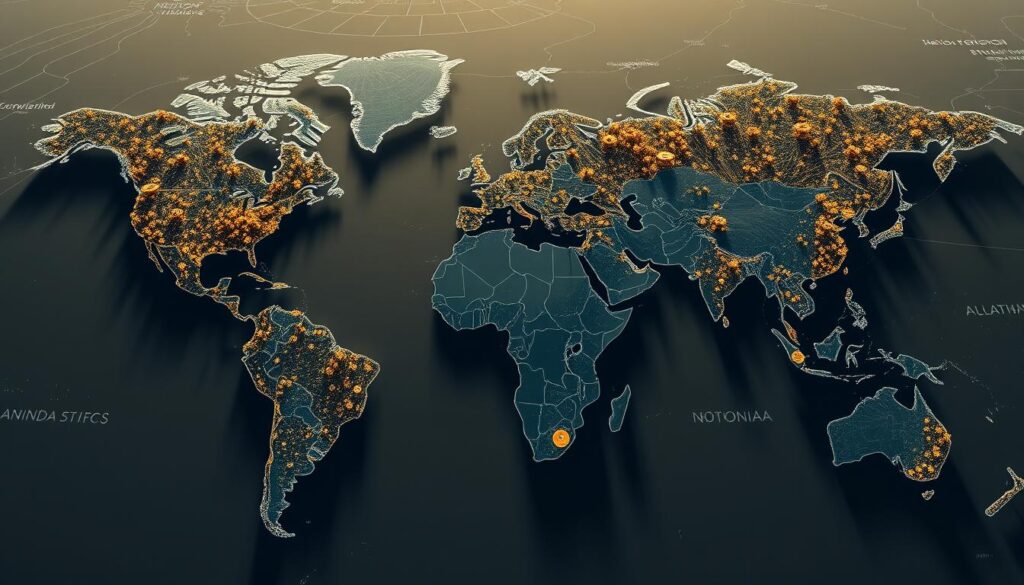 A global map depicting the distribution of bitcoin mining operations, rendered in a realistic and data-driven style. The foreground shows clusters of mining rigs across major mining hubs, with detailed wireframe structures and cooling systems. The middle ground features topographical data highlighting energy-rich regions, while the background showcases national borders and major cities. The lighting is natural and directional, casting long shadows that convey the scale and industrial nature of the mining infrastructure. The overall mood is one of technological prowess and energy consumption on a global scale.
