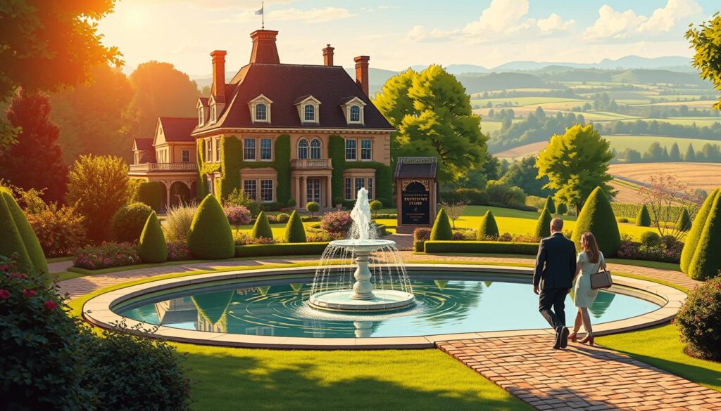 A grand manor house nestled amidst lush, manicured gardens, basking in the warm glow of the afternoon sun. In the foreground, a well-dressed couple strolls along a cobblestone path, discussing investment strategies. The middle ground features a reflection pool with a stunning fountain, symbolizing the growth and security of traditional real estate holdings. In the background, a rolling countryside landscape stretches out, hinting at the expansive possibilities of property wealth building. The scene exudes an air of sophistication, stability, and long-term prosperity. A grand manor house nestled amidst lush, manicured gardens, basking in the warm glow of the afternoon sun. In the foreground, a well-dressed couple strolls along a cobblestone path, discussing investment strategies. The middle ground features a reflection pool with a stunning fountain, symbolizing the growth and security of traditional real estate holdings. In the background, a rolling countryside landscape stretches out, hinting at the expansive possibilities of property wealth building. The scene exudes an air of sophistication, stability, and long-term prosperity.