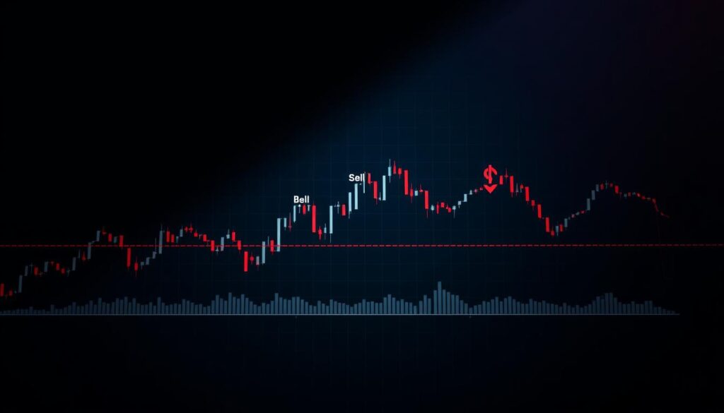 A high-contrast data visualization depicting a financial chart showcasing buy and sell signals. The foreground features a clean, minimalist line graph with distinct bullish and bearish markers. The middle ground includes technical indicators like moving averages and oscillators, rendered in a muted color palette. The background blends a subtle grid pattern with a dark, moody gradient, evoking the intensity of a volatile market. Dramatic, low-angle lighting casts dramatic shadows, emphasizing the analytical nature of the scene. The overall aesthetic is sleek, modern, and focused, capturing the essence of "Mastering Profit Taking Techniques."