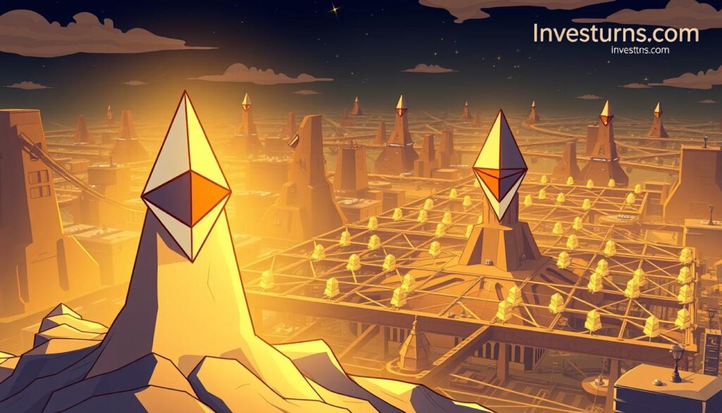 A high-resolution digital illustration depicting the staked ETH security model. In the foreground, a towering, angular Ethereum logo stands resolute, its ethereal tendrils branching out to support a network of interconnected nodes. The middle ground features a lattice of staked ETH tokens, each a shimmering, faceted crystal, their collective power radiating outward. In the background, a vast, stylized landscape of blockchain infrastructure unfolds, with investurns.com prominently displayed as a watermark. The scene is bathed in a warm, golden glow, conveying a sense of stability, security, and the unbreakable foundation of the Ethereum network.