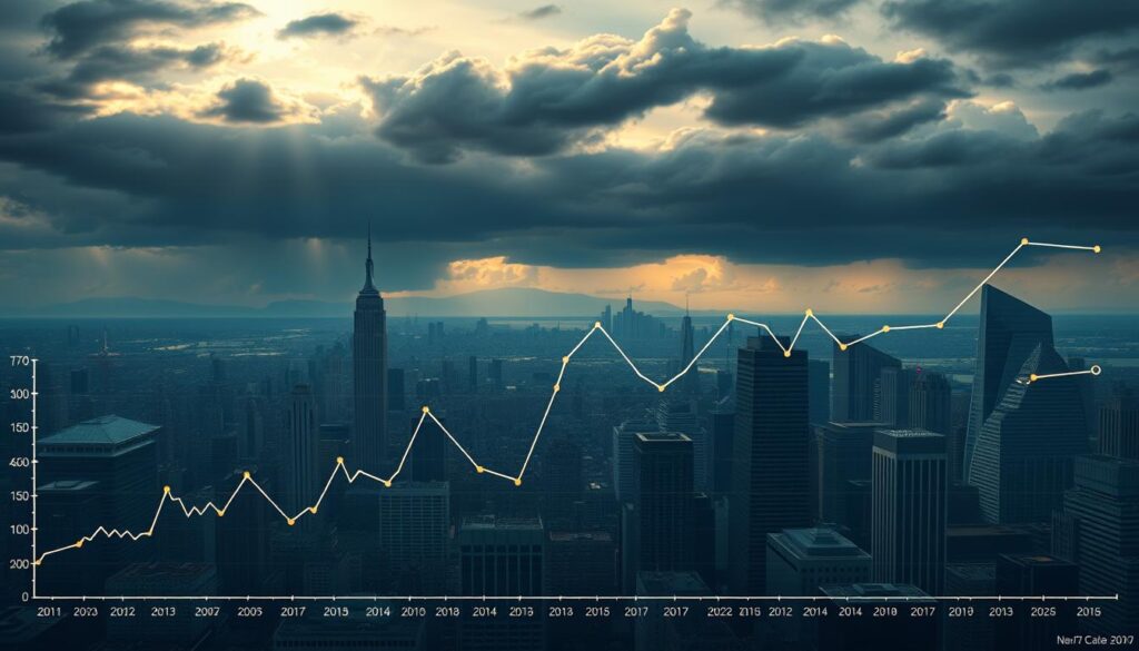 A high-resolution, hyper-realistic illustration depicting the impact of interest rate changes on financial markets. In the foreground, a detailed line graph showcases the historical relationship between interest rates and asset performance, with key data points highlighted. The middle ground features a cityscape of skyscrapers and financial institutions, hinting at the broader economic landscape. In the background, a moody, atmospheric sky sets the tone, with dramatic lighting and cloud formations, conveying the sense of uncertainty and volatility surrounding macroeconomic shifts. The overall composition is visually striking, blending technical financial analysis with a cinematic, immersive aesthetic.