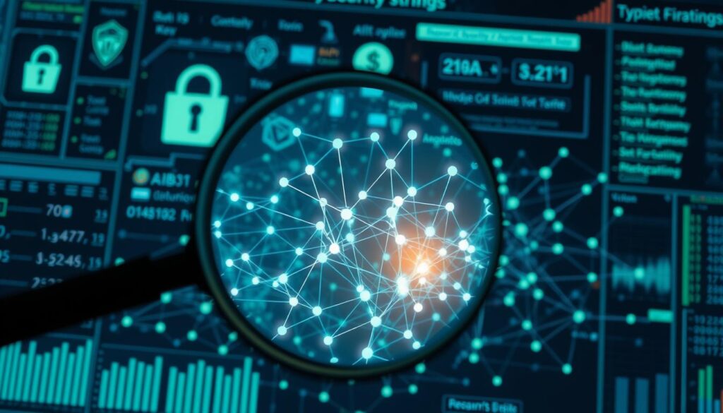 A high-tech digital analysis dashboard illuminates a web of cryptocurrency transactions, tracing intricate flows of digital assets. In the foreground, a magnifying glass hovers over a complex graph, its nodes and edges pulsing with data. The background features a collage of security algorithms, cryptographic keys, and digital ledgers, all meticulously rendered in a moody, technological atmosphere. Subtle blue and green hues cast an analytic glow, while the careful placement of light sources and camera angles convey a sense of depth and complexity. This image encapsulates the challenges of navigating the illicit use and security concerns inherent in the world of cryptocurrencies.