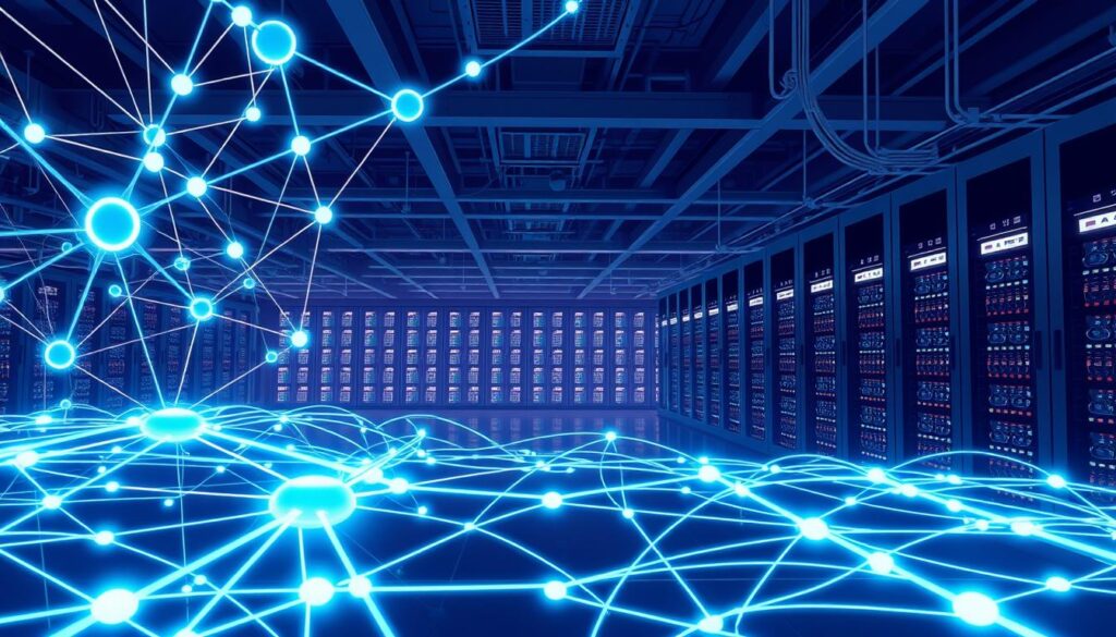 A high-throughput network architecture, bathed in a cool, futuristic glow. In the foreground, a sleek, interconnected web of nodes and hubs, their lines and curves conveying a sense of efficient data flow. The middle ground features elegant server racks, their LED-lit panels creating a mesmerizing visual rhythm. In the background, a vast data center landscape, with towering racks and cooling systems working in seamless harmony. The lighting is soft and directional, casting dramatic shadows that accentuate the architectural details. The overall mood is one of technological sophistication and uncompromising performance, perfectly suited to illustrate Solana's high-throughput design.
