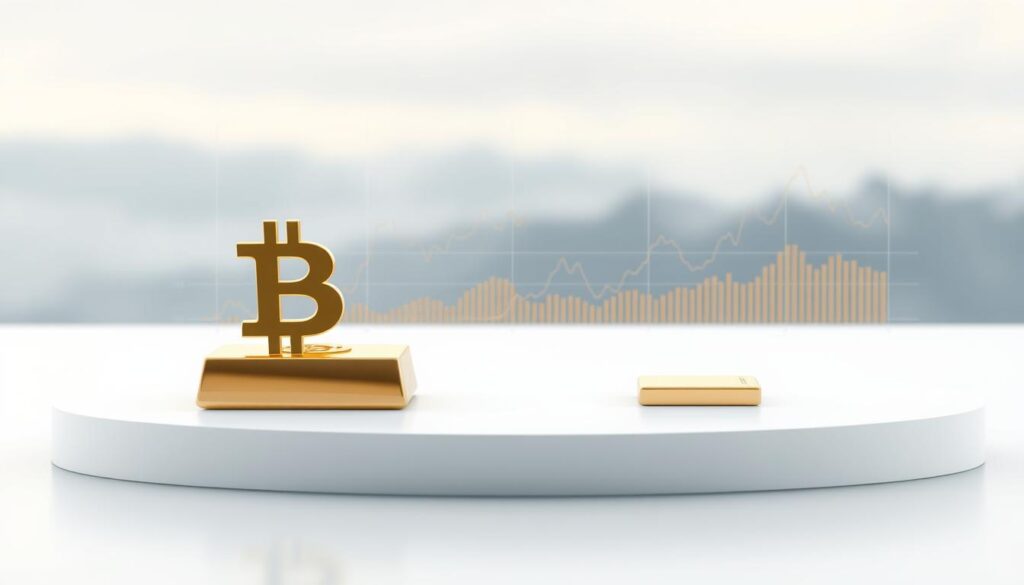 A hyper-realistic 3D render of a side-by-side visual comparison of the scarcity and supply dynamics of Bitcoin and gold. The foreground depicts a shimmering gold bullion bar and a sleek, crystalline Bitcoin symbol, both resting on a minimalist white platform. The middle ground showcases a series of intricate line graphs and charts, illustrating the finite and algorithmically-controlled supply of Bitcoin juxtaposed against the gradually mined and potentially infinite supply of gold. The background features a softly blurred, ethereal landscape, conveying a sense of digital and physical asset interplay. Crisp lighting, high-quality textures, and a cool, metallic color palette lend an authoritative, analytical tone to the scene.
