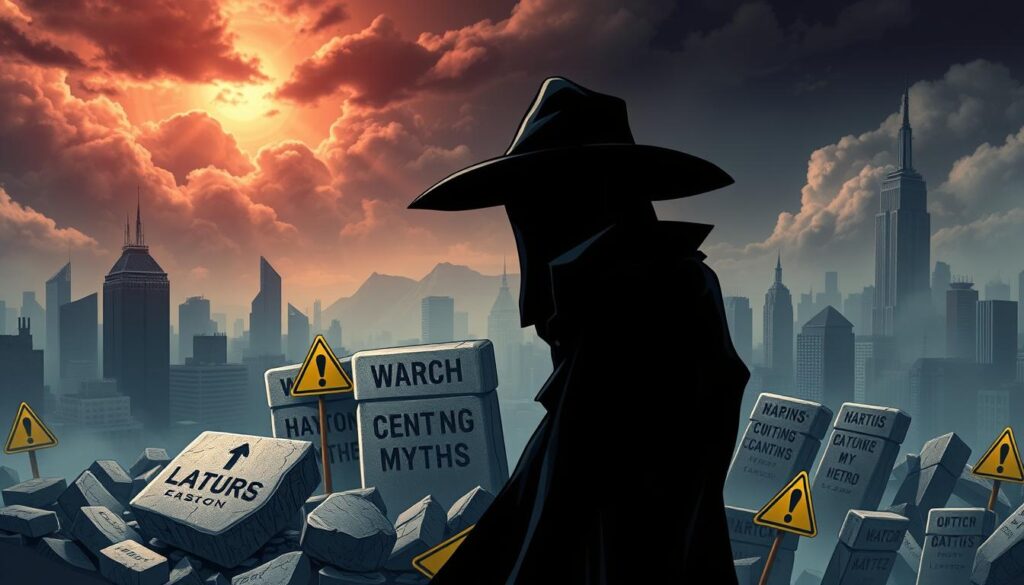 A hyper-realistic digital illustration depicting the myths, risks, and scams associated with cryptocurrency. In the foreground, a shadowy figure representing a malicious crypto scammer, surrounded by a tangle of warning symbols like exclamation points and hazard signs. In the middle ground, a collection of common crypto myths portrayed as crumbling stone tablets, with cracks and chips representing their falsehoods. In the background, a gloomy, dystopian cityscape filled with ominous clouds and a hazy, unsettling atmosphere, conveying the potential dangers of unregulated crypto investments. Dramatic lighting creates sharp contrasts and a sense of foreboding. Rendered with meticulous detail and a cinematic, almost noir-esque visual style.