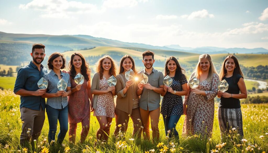 A lush, sun-dappled meadow serves as the backdrop, with rolling hills and a gentle stream in the distance. In the foreground, a group of diverse individuals stand together, their expressions conveying a sense of shared purpose and enthusiasm. Each person holds a glowing, translucent shard, representing their fractional ownership in a tangible asset, such as a piece of real estate or a work of art. The shards emit a soft, ethereal light, symbolizing the transformative power of this new investment model. The overall scene evokes a feeling of accessibility, empowerment, and the democratization of wealth. A lush, sun-dappled meadow serves as the backdrop, with rolling hills and a gentle stream in the distance. In the foreground, a group of diverse individuals stand together, their expressions conveying a sense of shared purpose and enthusiasm. Each person holds a glowing, translucent shard, representing their fractional ownership in a tangible asset, such as a piece of real estate or a work of art. The shards emit a soft, ethereal light, symbolizing the transformative power of this new investment model. The overall scene evokes a feeling of accessibility, empowerment, and the democratization of wealth.