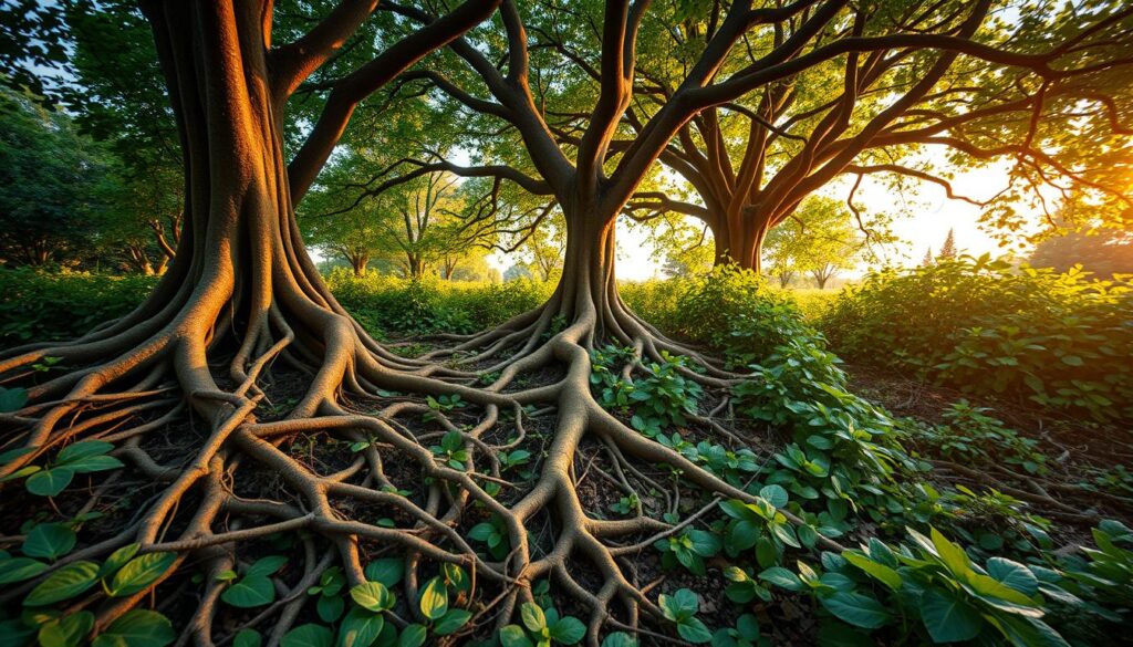A lush, verdant garden filled with the roots of economic theory. In the foreground, a tangled web of interconnected roots representing the foundational concepts of classical, Keynesian, and neoclassical economics. The middle ground features gnarled, twisting roots symbolizing the evolution of economic thought, from the physiocrats to the marginalists. In the background, a canopy of towering trees casts a warm, golden light, illuminating the intricate network of ideas that have shaped our understanding of the modern economy. The scene conveys a sense of depth, complexity, and the ever-growing, living nature of economic theory. Captured through a wide-angle lens, the image invites the viewer to explore the rich tapestry of economic philosophy.