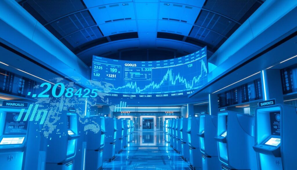 A modern banking hub with sleek, futuristic architecture bathed in a cool, blue-tinted lighting. In the foreground, a holographic display showcases digital currency transactions, the numbers and symbols shimmering and pulsing with energy. The middle ground features rows of autonomous teller kiosks, their interfaces glowing with a minimalist, streamlined design. In the background, a massive curved video wall displays real-time global market data, creating an atmosphere of technological sophistication and financial connectivity. The overall scene conveys a sense of a decentralized, digital-first financial system that is reshaping the future of global commerce.