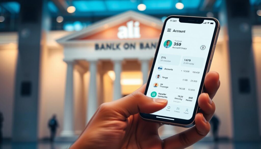 A modern mobile banking app interface showcasing seamless financial access. In the foreground, a user's hand holds a sleek smartphone, the screen displaying a clean and intuitive dashboard with account balances, transaction history, and transfer options. The middle ground features a subtle blurred backdrop of banking infrastructure, symbolizing the integration of traditional and digital banking. The background is illuminated by warm, soft lighting, conveying a sense of security and accessibility. The overall composition emphasizes the effortless, inclusive, and empowering nature of mobile banking solutions, bridging the gap between traditional financial services and underserved communities.