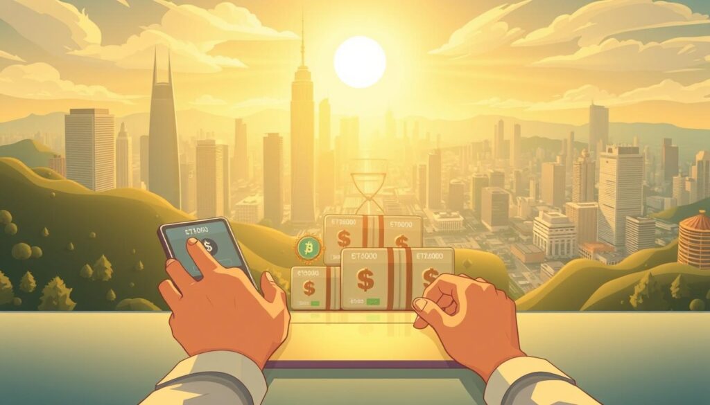 A serene financial landscape, bathed in a warm, golden light. In the foreground, a person's hands steadily and systematically executing a series of cryptocurrency purchases on a sleek, minimalist digital interface. The middle ground features a collection of digital wallets, each representing a diversified crypto portfolio, their balances rising in sync. In the background, a cityscape of gleaming skyscrapers and bustling financial hubs, symbolizing the global scale of the crypto market. The scene conveys a sense of control, discipline, and long-term strategic thinking, capturing the essence of "Utilizing Dollar-Cost Averaging in Crypto Investments".