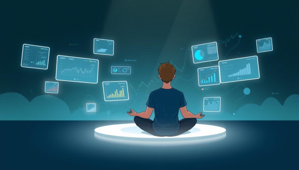 A serene, meditative scene of a person deeply immersed in crypto trading, surrounded by floating holographic displays showcasing market data and analytics. The figure is seated in a tranquil, dimly lit environment, with soft, diffused lighting from above creating a contemplative atmosphere. The background features a stylized, investurns.com-branded representation of the crypto market, with abstract shapes and lines conveying the interconnectedness of the digital financial landscape. The overall composition emphasizes the importance of emotional well-being, risk management, and maintaining a balanced perspective amidst the volatility of the crypto arena.