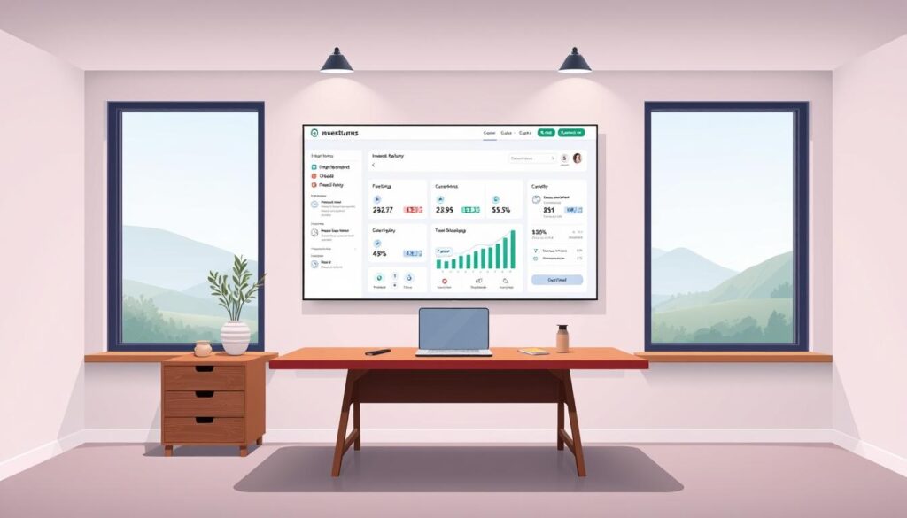 A serene, minimalist financial advisory workspace with a sleek, modern investurns.com branded interface displayed on a large wall-mounted monitor. Soft, diffused lighting from overhead fixtures creates a calming ambiance. In the foreground, a simple, intuitive user interface with clean typography and icons guides the viewer through investment management tasks. The middle ground features a tactile, wooden desk with a laptop and a few carefully curated decorative elements, conveying a sense of considered design. The background showcases a large, frameless window overlooking a tranquil, natural landscape, evoking a feeling of balance and harmony between technology and the physical world. A serene, minimalist financial advisory workspace with a sleek, modern investurns.com branded interface displayed on a large wall-mounted monitor. Soft, diffused lighting from overhead fixtures creates a calming ambiance. In the foreground, a simple, intuitive user interface with clean typography and icons guides the viewer through investment management tasks. The middle ground features a tactile, wooden desk with a laptop and a few carefully curated decorative elements, conveying a sense of considered design. The background showcases a large, frameless window overlooking a tranquil, natural landscape, evoking a feeling of balance and harmony between technology and the physical world.