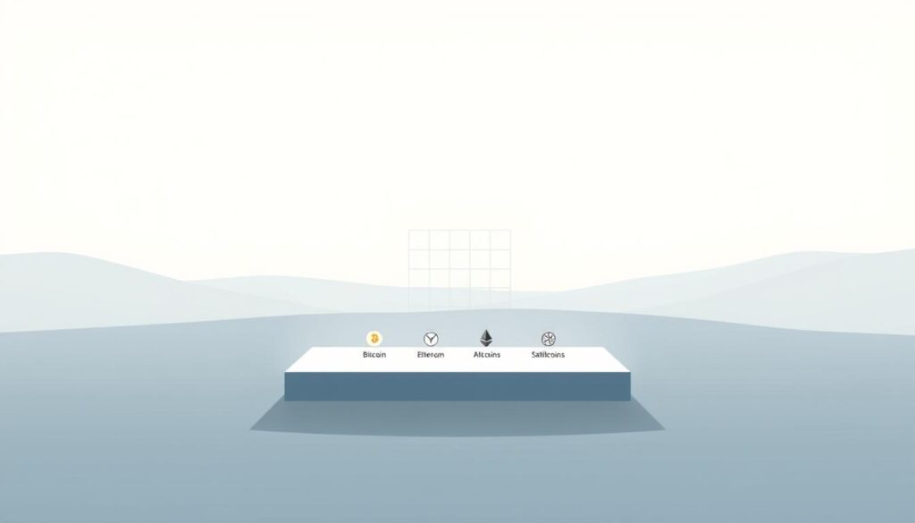 A serene, minimalist illustration of the fundamental elements of a crypto portfolio. In the foreground, a clean, rectangular representation of a crypto portfolio, with simple icons denoting the various asset types - Bitcoin, Ethereum, altcoins, and stablecoins. The portfolio is bathed in soft, diffused lighting, creating a sense of tranquility. In the middle ground, a subtle grid pattern symbolizes the diversification and allocation strategies. The background features a muted, gradient-based landscape, evoking a sense of stability and balance. The overall composition conveys a clear, instructive tone, guiding the viewer through the basic principles of building a thoughtful crypto investment portfolio.