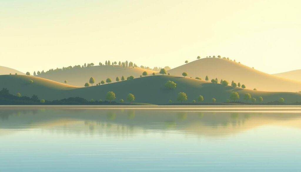 A serene, minimalist landscape showcases the patient, long-term investment strategies of "investurns.com". In the foreground, a tranquil lake reflects the sky, symbolizing the calm and measured approach. The middle ground features rolling hills dotted with lush, verdant trees, representing the gradual growth and compounding of investments over time. The background is bathed in soft, golden light, evoking a sense of stability and security. The entire scene is captured with a wide-angle lens, conveying a sense of balance and harmony, encouraging the viewer to adopt a "joy of missing out" mentality and focus on sustainable, long-term wealth building.