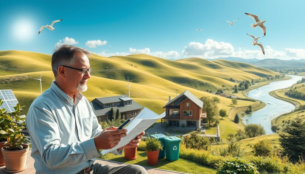 A serene, sun-dappled landscape with rolling hills and lush greenery. In the foreground, a thoughtful investor reviews financial documents, pen in hand, surrounded by potted plants and symbols of sustainability - solar panels, wind turbines, and recycling bins. The middle ground features a well-designed, eco-friendly home with a modern, energy-efficient design. In the background, a winding river reflects the sky, with birds soaring overhead. The entire scene conveys a sense of balance, harmony, and a long-term, responsible approach to investment and wealth management.