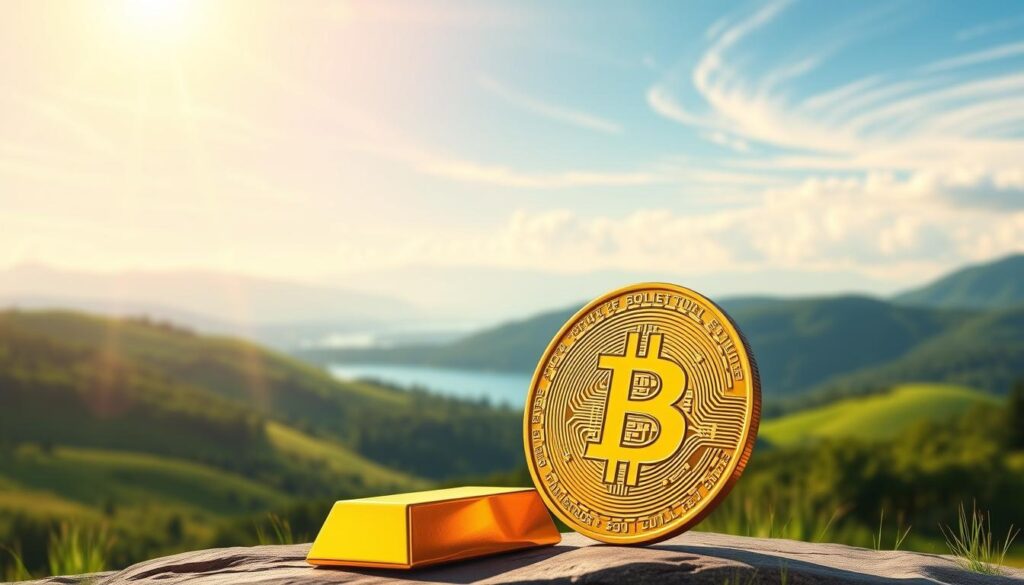 A serene, sun-dappled scene of a diverse investment portfolio. In the foreground, a gleaming gold bullion bar and a shiny, faceted Bitcoin cryptocurrency coin stand side by side, symbolizing the complementary nature of these two assets. In the middle ground, a lush, verdant landscape with rolling hills and a tranquil lake reflects the calm, balanced approach to wealth management. The background features a vibrant, hazy sky with wispy clouds, evoking a sense of stability and long-term growth. The lighting is soft and natural, casting a warm, golden glow over the entire composition. Captured with a wide-angle lens to convey a sense of depth and expansiveness, this image embodies the core principles of a well-diversified investment strategy.