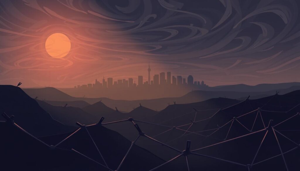 A serene, yet unsettling landscape depicting the volatility of the crypto market. In the foreground, a network of jagged, angular lines representing the unpredictable fluctuations of asset prices, cast in a moody, atmospheric lighting. In the middle ground, a hazy silhouette of a city skyline, symbolizing the uncertain economic landscape. The background features a turbulent, swirling sky, hinting at the unpredictable nature of market forces. The overall composition conveys a sense of unease and the need for strategic risk management in the face of such volatility. A serene, yet unsettling landscape depicting the volatility of the crypto market. In the foreground, a network of jagged, angular lines representing the unpredictable fluctuations of asset prices, cast in a moody, atmospheric lighting. In the middle ground, a hazy silhouette of a city skyline, symbolizing the uncertain economic landscape. The background features a turbulent, swirling sky, hinting at the unpredictable nature of market forces. The overall composition conveys a sense of unease and the need for strategic risk management in the face of such volatility.