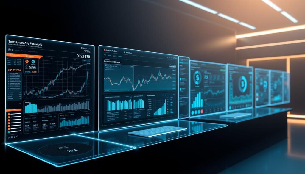 A sleek, futuristic blockchain analysis framework displayed on a series of holographic, transparent screens. The foreground features various data visualizations, charts, and graphs depicting cryptocurrency trends, trading patterns, and risk metrics. The middle ground showcases an intuitive user interface with interactive controls and navigation elements. The background is a minimalist, dark-toned environment with subtle neon accents, suggesting a high-tech, cutting-edge setting. The overall scene conveys a sense of analytical power, data-driven insights, and technological sophistication, perfectly suited for a crypto research and due diligence workflow.