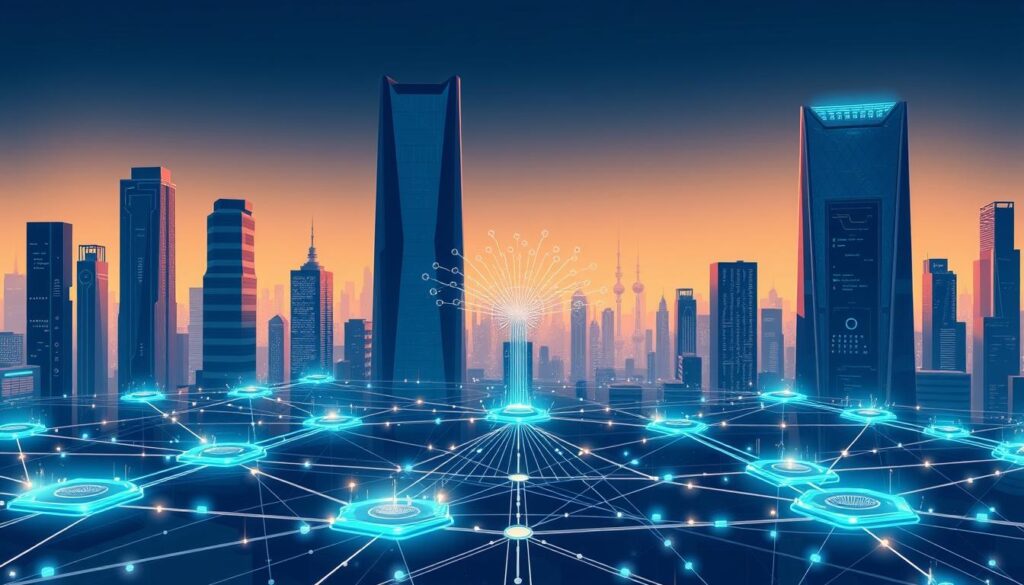 A sleek, futuristic cityscape with towering skyscrapers and gleaming glass facades. In the foreground, a network of interconnected platforms and interfaces, representing the decentralized finance (DeFi) ecosystem. Shimmering data streams and holographic displays showcase the flow of capital, liquidity, and yield optimization. In the middle ground, a central node pulses with activity, symbolizing the liquid staking derivatives (LSDs) that enable capital efficiency in proof-of-stake (PoS) networks. The background is bathed in a warm, subdued lighting, creating an atmosphere of technological sophistication and financial innovation. The scene conveys a sense of seamless integration, where DeFi and PoS networks work in harmony to unlock new possibilities for capital management. A sleek, futuristic cityscape with towering skyscrapers and gleaming glass facades. In the foreground, a network of interconnected platforms and interfaces, representing the decentralized finance (DeFi) ecosystem. Shimmering data streams and holographic displays showcase the flow of capital, liquidity, and yield optimization. In the middle ground, a central node pulses with activity, symbolizing the liquid staking derivatives (LSDs) that enable capital efficiency in proof-of-stake (PoS) networks. The background is bathed in a warm, subdued lighting, creating an atmosphere of technological sophistication and financial innovation. The scene conveys a sense of seamless integration, where DeFi and PoS networks work in harmony to unlock new possibilities for capital management.