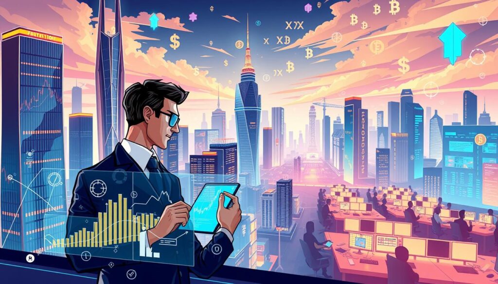 A sleek, futuristic cityscape with towering skyscrapers and holographic displays showcasing various crypto investment strategies. In the foreground, a sophisticated investor analyzes financial data on a transparent touchscreen interface, surrounded by abstract geometric shapes and patterns representative of blockchain technology. The middle ground features a bustling trading floor, where brokers and traders engage in dynamic transactions, illuminated by the warm glow of LED-lit workstations. The background is a vibrant, neon-infused skyline, with digital currency symbols and cryptographic hashes dancing across the horizon, creating an aura of technological innovation and financial empowerment. A sleek, futuristic cityscape with towering skyscrapers and holographic displays showcasing various crypto investment strategies. In the foreground, a sophisticated investor analyzes financial data on a transparent touchscreen interface, surrounded by abstract geometric shapes and patterns representative of blockchain technology. The middle ground features a bustling trading floor, where brokers and traders engage in dynamic transactions, illuminated by the warm glow of LED-lit workstations. The background is a vibrant, neon-infused skyline, with digital currency symbols and cryptographic hashes dancing across the horizon, creating an aura of technological innovation and financial empowerment.
