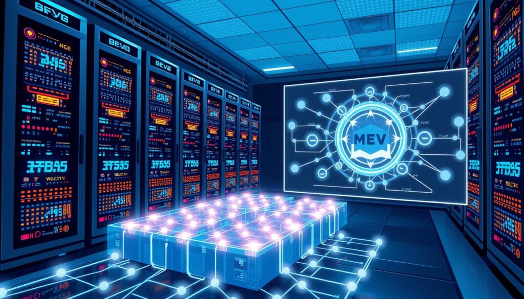 A sleek, futuristic data center filled with rows of sophisticated blockchain transaction processing servers, their LED-lit displays pulsing with real-time transaction data. In the foreground, a 3D visualization of a blockchain network, its nodes interconnected by glowing data streams. The scene is bathed in a cool, bluish light, creating a sense of technological precision and efficiency. In the background, a complex algorithmic diagram illustrates the technical mechanisms underlying the extraction of Maximal Extractable Value (MEV) from the blockchain transaction flow. The overall impression is one of a highly sophisticated, invisible financial infrastructure that operates at the core of the blockchain ecosystem.