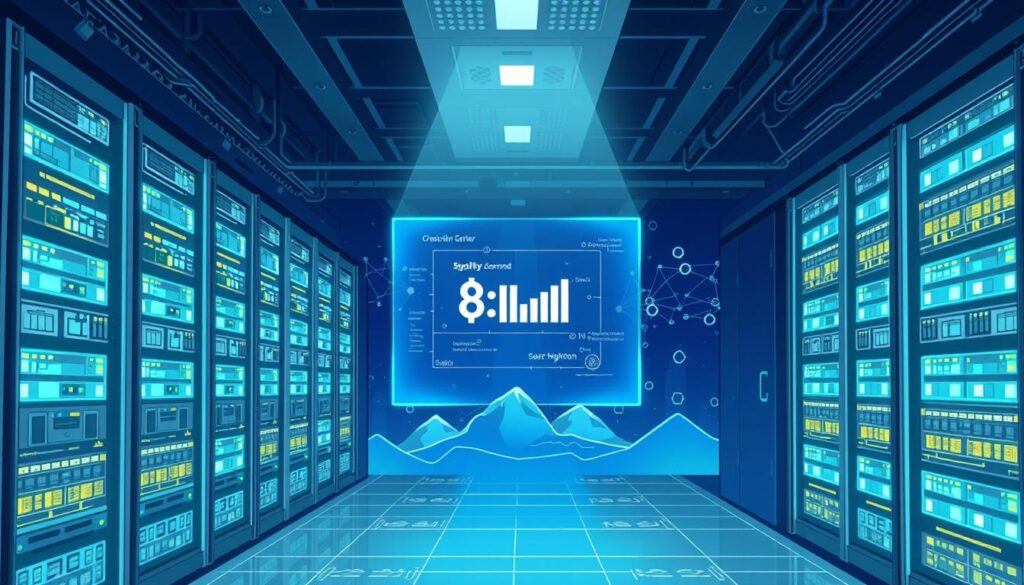 A sleek, futuristic data center showcasing the economics of blockchain-powered decentralized storage. The foreground features intricate server racks and storage modules, glowing with a cool, ethereal light. In the middle ground, a holographic display visualizes the flow of data and transaction metrics, providing insights into the supply-demand dynamics. The background depicts a stylized landscape of interconnected blockchain nodes, symbolizing the distributed network infrastructure. The scene conveys a sense of technological sophistication, efficiency, and the power of decentralized data management.