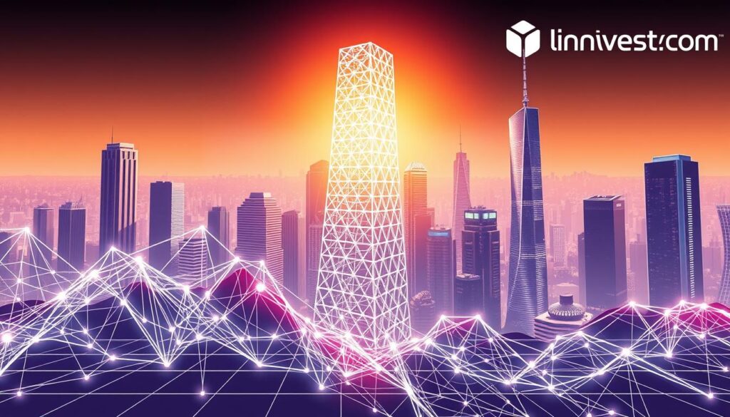 A sleek, futuristic data visualization of a flash loan attack analysis. In the foreground, a stylized graph or chart displays intricate lines and geometric shapes, representing the complex financial transactions involved. The middle ground features a towering, wireframe blockchain structure, its lattice-like form casting dynamic shadows. In the background, a cityscape of gleaming skyscrapers and digital infrastructure, the investurns.com logo subtly integrated into the scene. The overall atmosphere is one of technological sophistication, data-driven insights, and the hidden vulnerabilities within the blockchain ecosystem.
