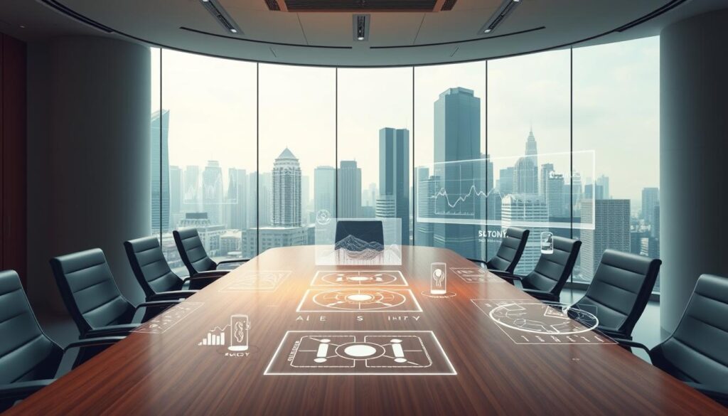 A sleek, futuristic office interior with a large, curved glass wall overlooking a bustling city skyline. In the foreground, a wooden conference table is surrounded by ergonomic chairs, creating an atmosphere of modern professionalism. On the table, various holographic displays showcase intricate blockchain diagrams, policy frameworks, and data visualizations. Soft, directional lighting illuminates the scene, casting dramatic shadows and highlighting the clean, minimalist design. The overall mood is one of technological innovation and governmental oversight, reflecting the intersection of blockchain technology and policy.