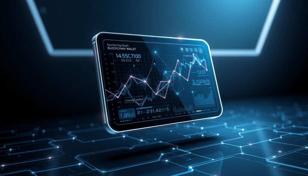 A sleek, holographic blockchain wallet interface hovers against a dark, futuristic backdrop. Crystalline data visualizations pulsate with real-time transaction movements, their trajectories tracing intricate geometric patterns across the screen. Subtle ambient lighting casts a enigmatic glow, while a sophisticated camera angle captures the scene with a sense of depth and dynamism. The overall impression is one of technological sophistication, data-driven insights, and the ever-evolving nature of the decentralized finance landscape.