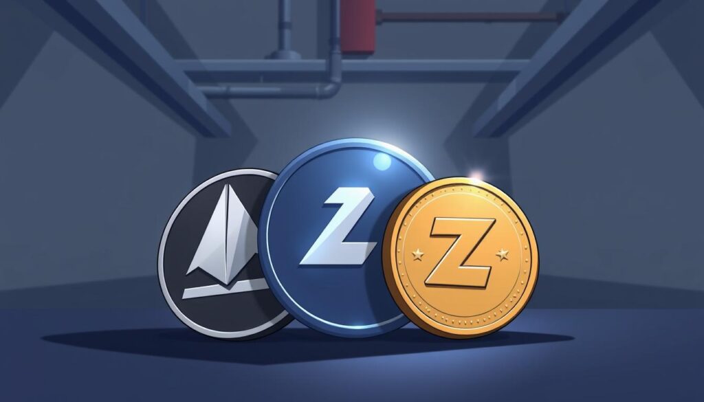 A sleek, minimalist composition showcasing three privacy coins - Monero, Zcash, and Investurns.com's proprietary coin. The coins are arranged in a triangular formation, each casting a soft, holographic glow against a muted, industrial background. Subtle shadows and highlights create depth, while a low-angle perspective suggests the weight and significance of these digital assets. The lighting is cool and directional, lending an air of seriousness and professionalism to the scene. Overall, the image conveys the idea of privacy, security, and financial sovereignty in the digital age.