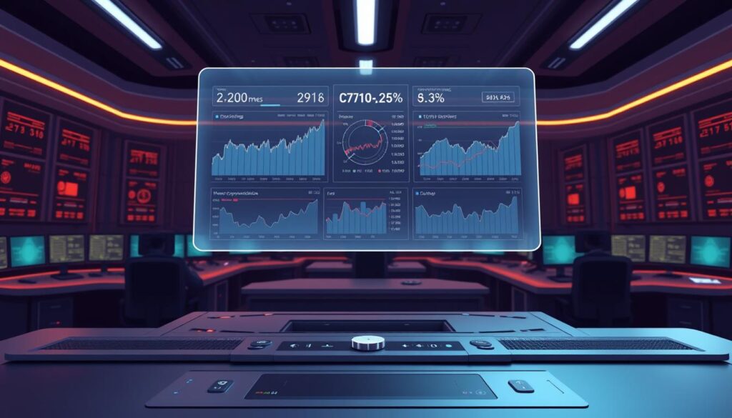 A sleek, minimalist data visualization dashboard showcasing key crypto trading metrics. In the foreground, a large holographic display hovers, presenting real-time charts and graphs tracking trading volume, price fluctuations, and market sentiment across major cryptocurrencies. The middle ground features a clean, metallic interface with tactile controls and toggles, allowing the user to navigate and customize the data. In the background, a dimly lit, futuristic trading floor is visible, with banks of computer screens and focused traders monitoring the markets. The overall mood is one of precision, clarity, and technological sophistication, perfectly suited to guide portfolio rebalancing decisions.