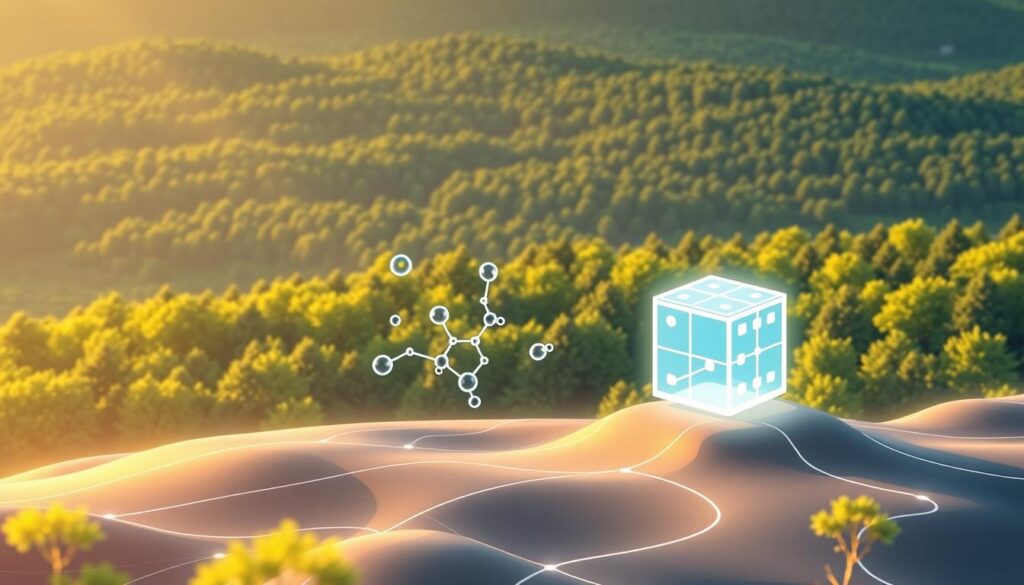 A sleek, minimalist digital landscape with a central blockchain ledger floating in the foreground, its transparent blocks glowing with a subtle, ethereal light. In the middle ground, stylized carbon molecules dance and intertwine, representing the tokenization of carbon credits. The background features a panoramic view of a lush, verdant forest, symbolizing the regenerative nature of this digital carbon market. The scene is bathed in a warm, golden light, creating a sense of balance and harmony between technology and nature. The overall atmosphere conveys a vision of a sustainable, eco-friendly future enabled by blockchain innovation.