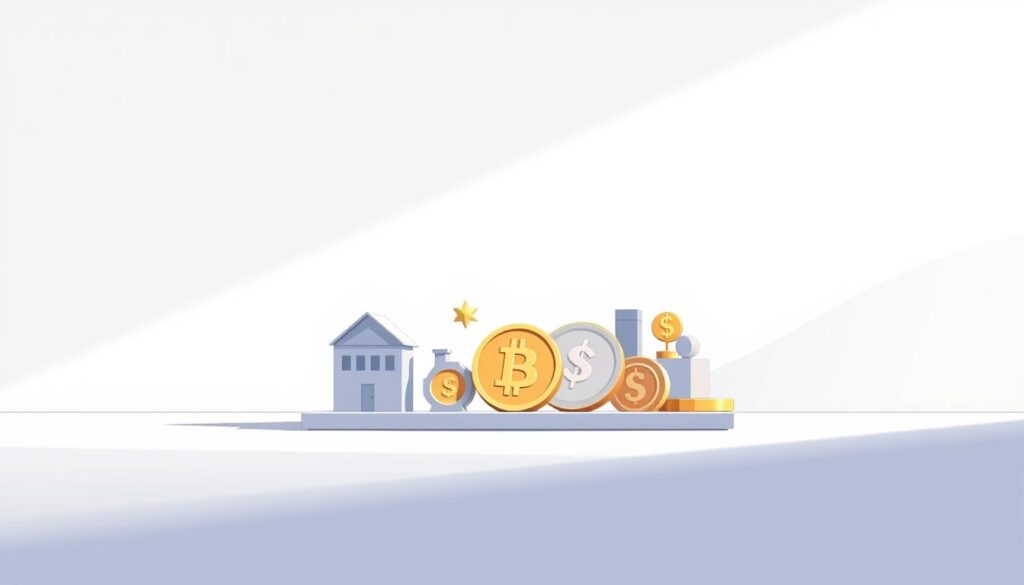 A sleek, minimalist illustration showcasing asset allocation strategies. In the foreground, a balanced portfolio of real estate, cryptocurrency, and other investment assets, represented by simple geometric shapes. The middle ground features a clean, monochromatic background with subtle textures, creating a sense of depth and focus. The lighting is soft and directional, casting gentle shadows that accentuate the dimensional elements. The overall mood is one of thoughtful analysis, inviting the viewer to compare and contrast the investment options. The composition is well-balanced, drawing the eye towards the central display of asset classes. A sleek, minimalist illustration showcasing asset allocation strategies. In the foreground, a balanced portfolio of real estate, cryptocurrency, and other investment assets, represented by simple geometric shapes. The middle ground features a clean, monochromatic background with subtle textures, creating a sense of depth and focus. The lighting is soft and directional, casting gentle shadows that accentuate the dimensional elements. The overall mood is one of thoughtful analysis, inviting the viewer to compare and contrast the investment options. The composition is well-balanced, drawing the eye towards the central display of asset classes.